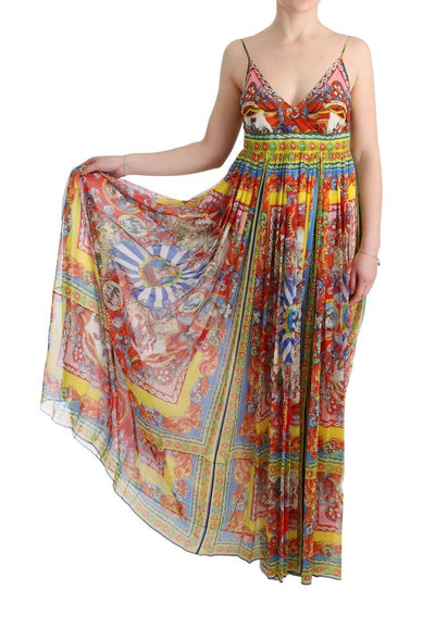 Multicolor Silk Carretto Print Long Maxi Dress