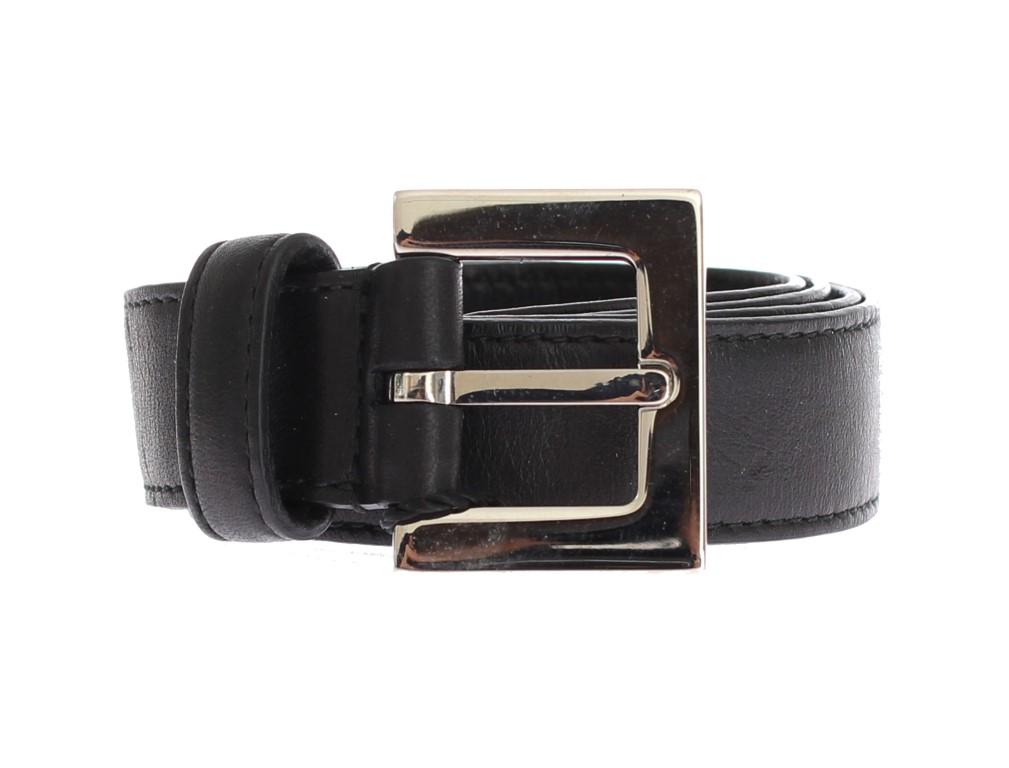 Black Leather Silver Buckle Logo Waist Belt