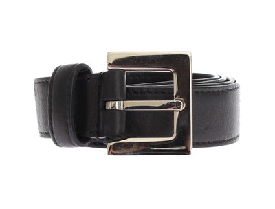 Black Leather Silver Buckle Logo Waist Belt