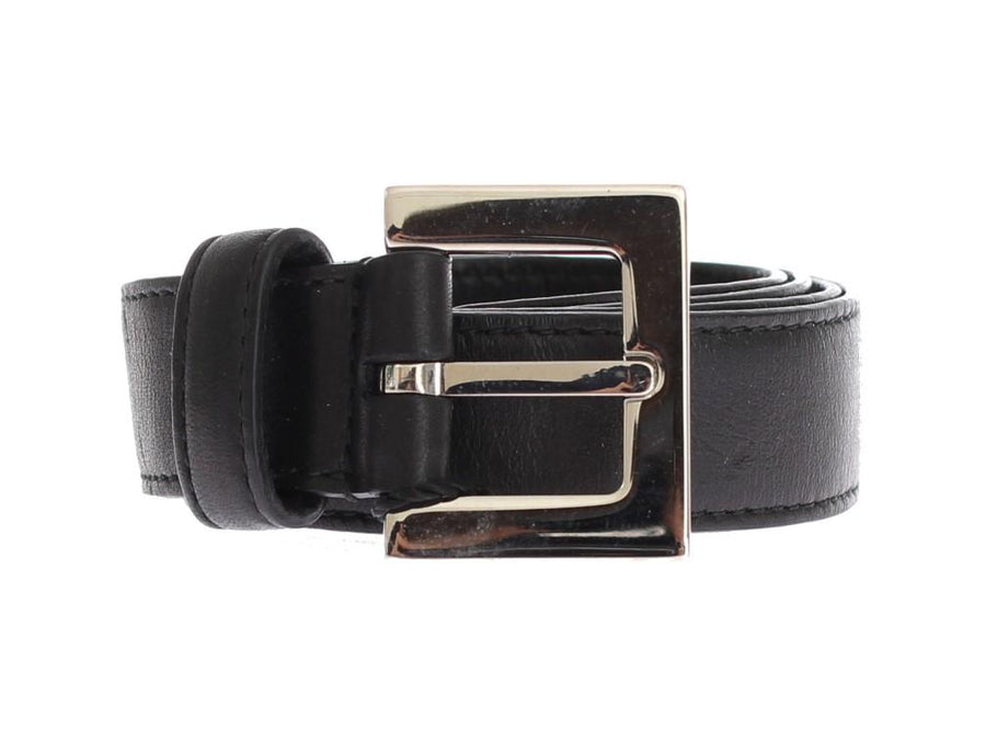 Black Leather Silver Buckle Logo Waist Belt