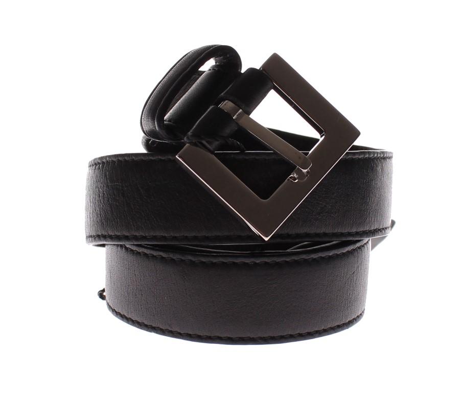 Black Leather Silver Buckle Logo Waist Belt