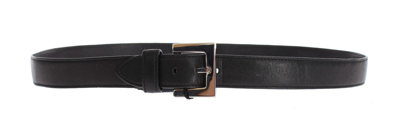 Black Leather Silver Buckle Logo Waist Belt