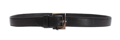 Black Leather Silver Buckle Logo Waist Belt