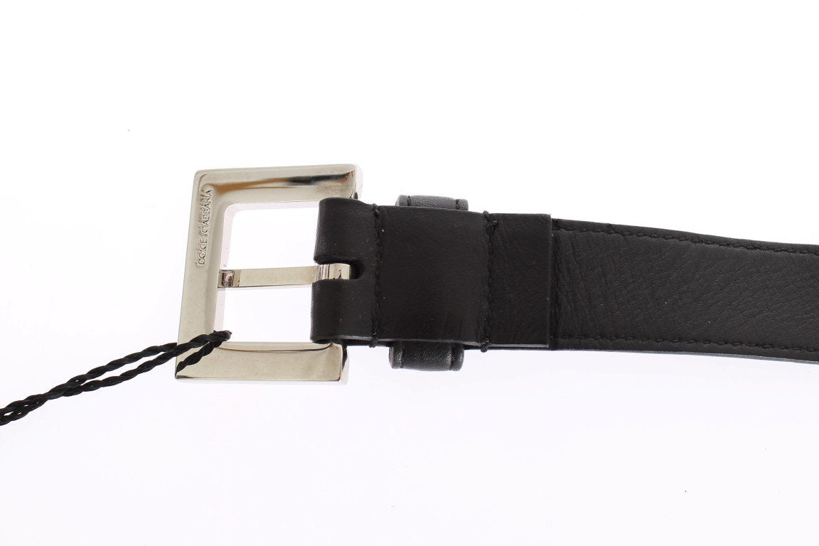 Black Leather Silver Buckle Logo Waist Belt