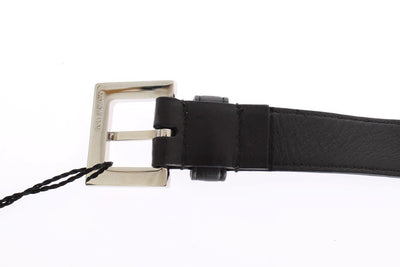 Black Leather Silver Buckle Logo Waist Belt