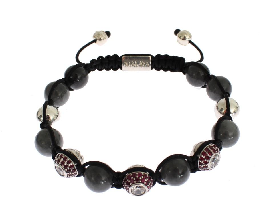Red CZ Gray Agate 925 Silver Bracelet