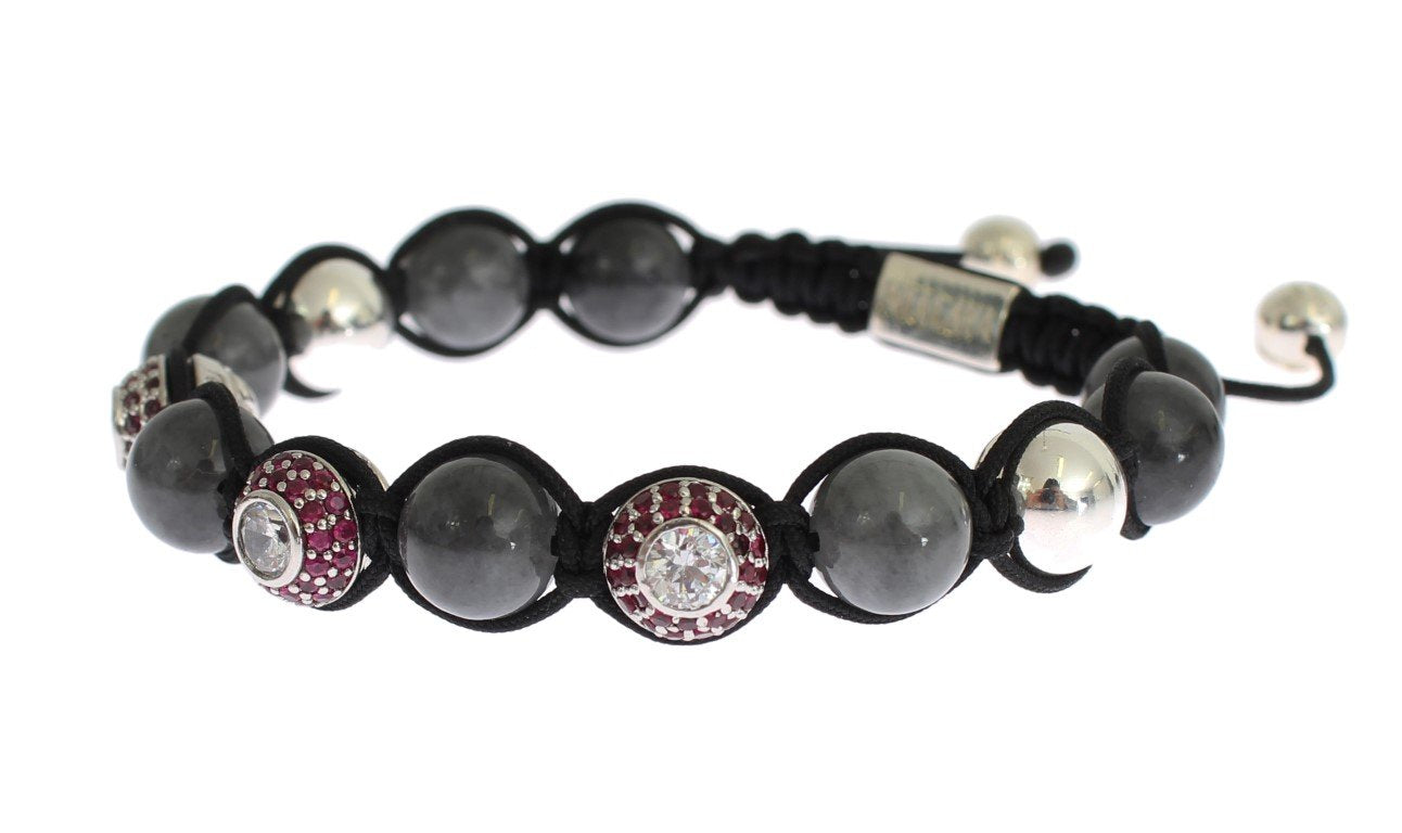Red CZ Gray Agate 925 Silver Bracelet