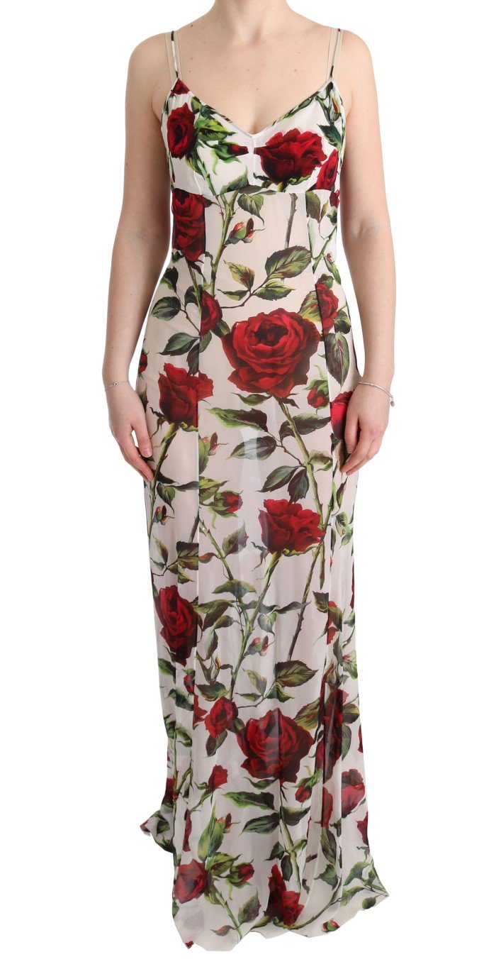 White Red Roses Print Silk Stretch Dress