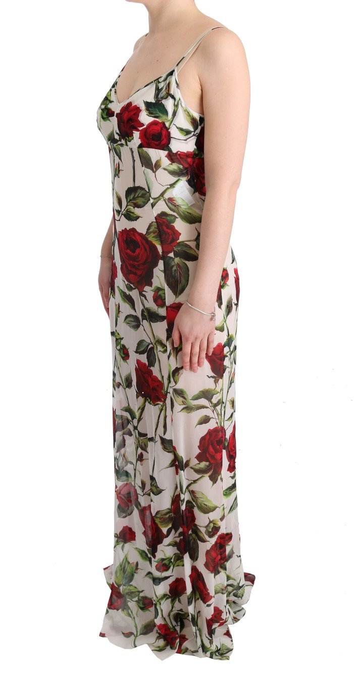 White Red Roses Print Silk Stretch Dress