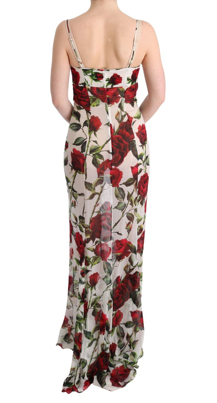 White Red Roses Print Silk Stretch Dress