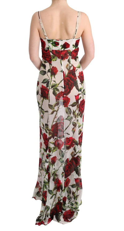 White Red Roses Print Silk Stretch Dress