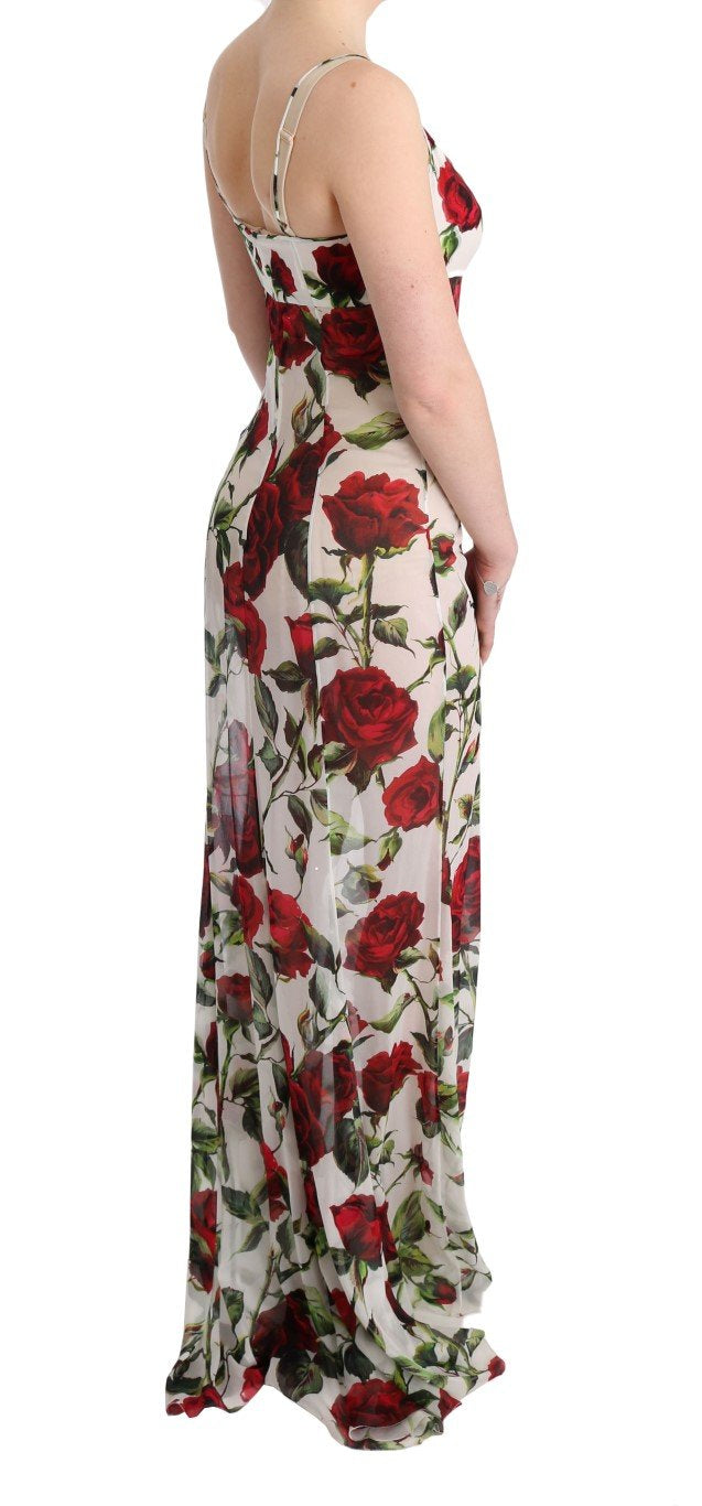 White Red Roses Print Silk Stretch Dress