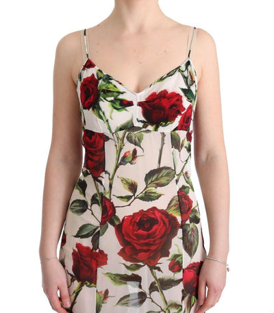 White Red Roses Print Silk Stretch Dress