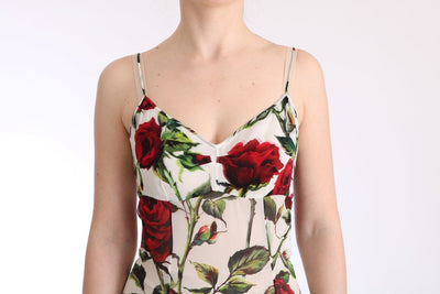 White Red Roses Print Silk Stretch Dress