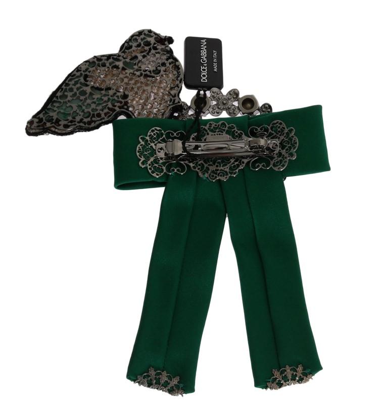 Green Silk Crystal Bird Bow Hair Clip