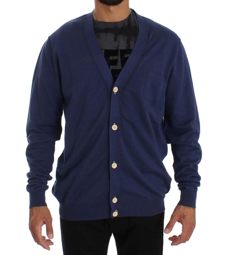 Blue Linen Cotton Full Button Cardigan Sweater