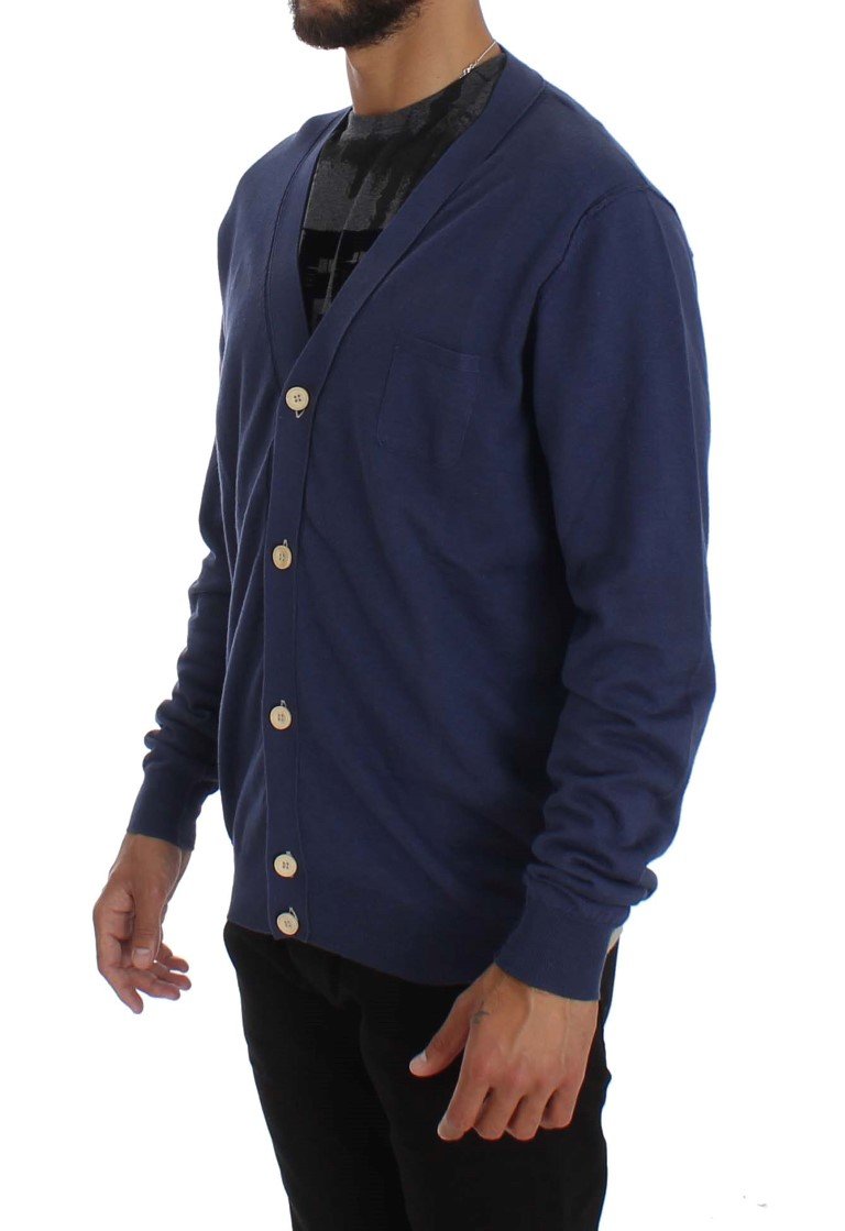 Blue Linen Cotton Full Button Cardigan Sweater