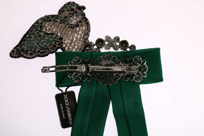 Green Silk Crystal Bird Bow Hair Clip