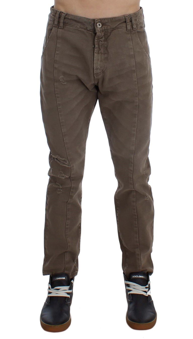 Beige Cotton Slim Fit Jeans