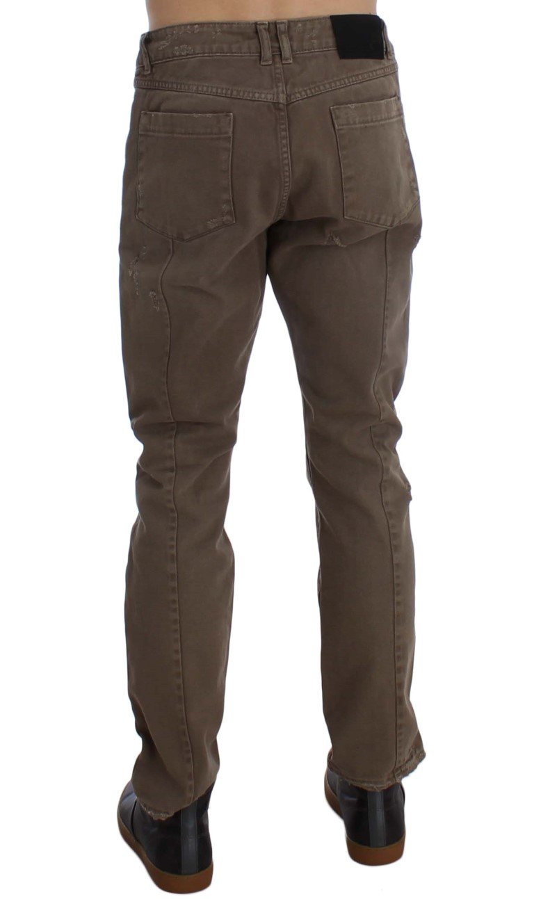 Beige Cotton Slim Fit Jeans