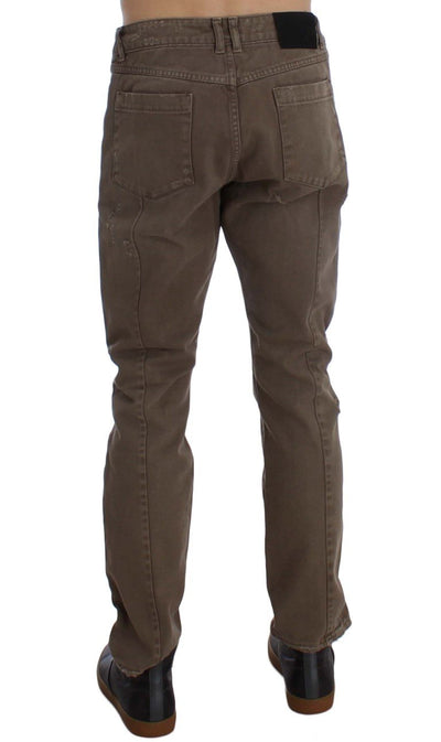 Beige Cotton Slim Fit Jeans