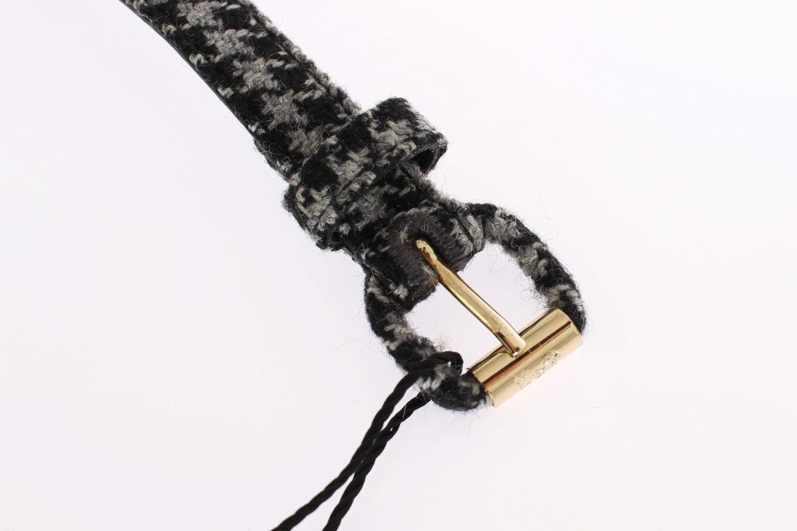 Gray Cotton Houndstooth Gold Buckle Logo Belt