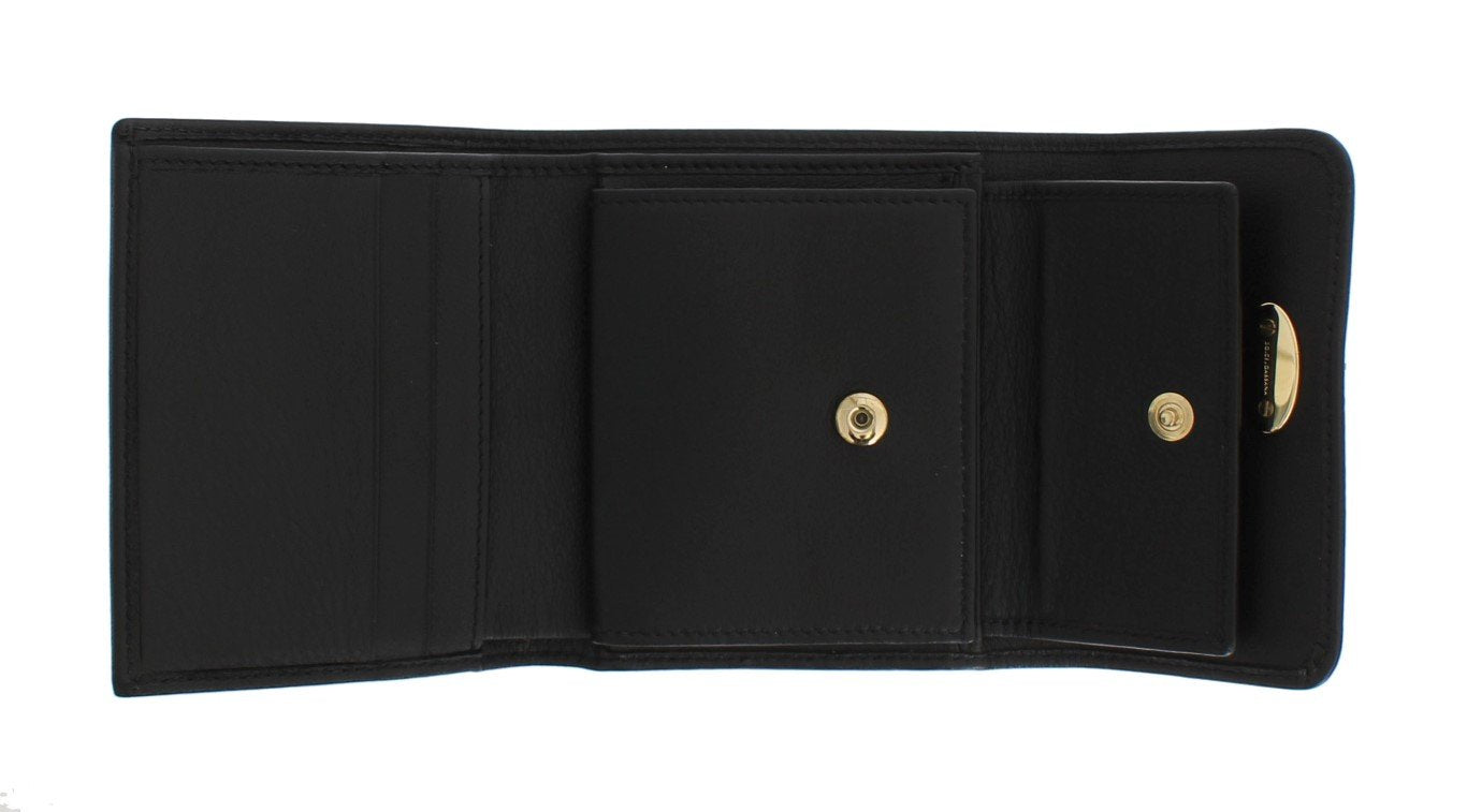 Black Leather Gold Lock Trifold Wallet