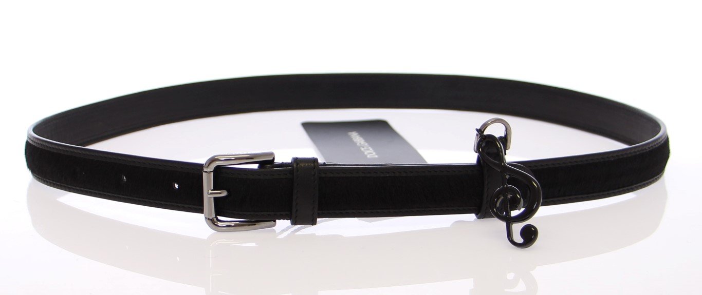 Black Leather Fur Logo Belt