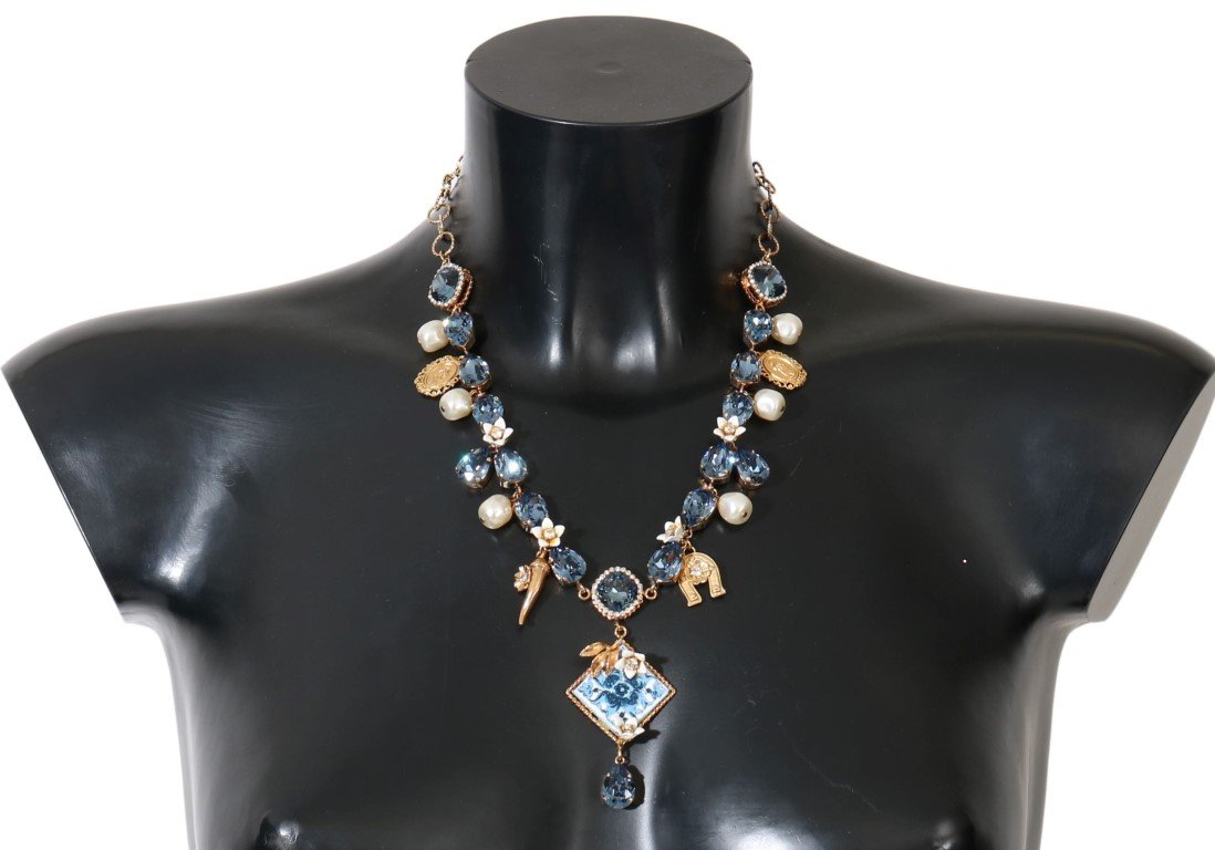 Gold Majolica Crystal Charms Statement Necklace