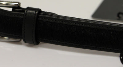 Black Leather Fur Logo Belt