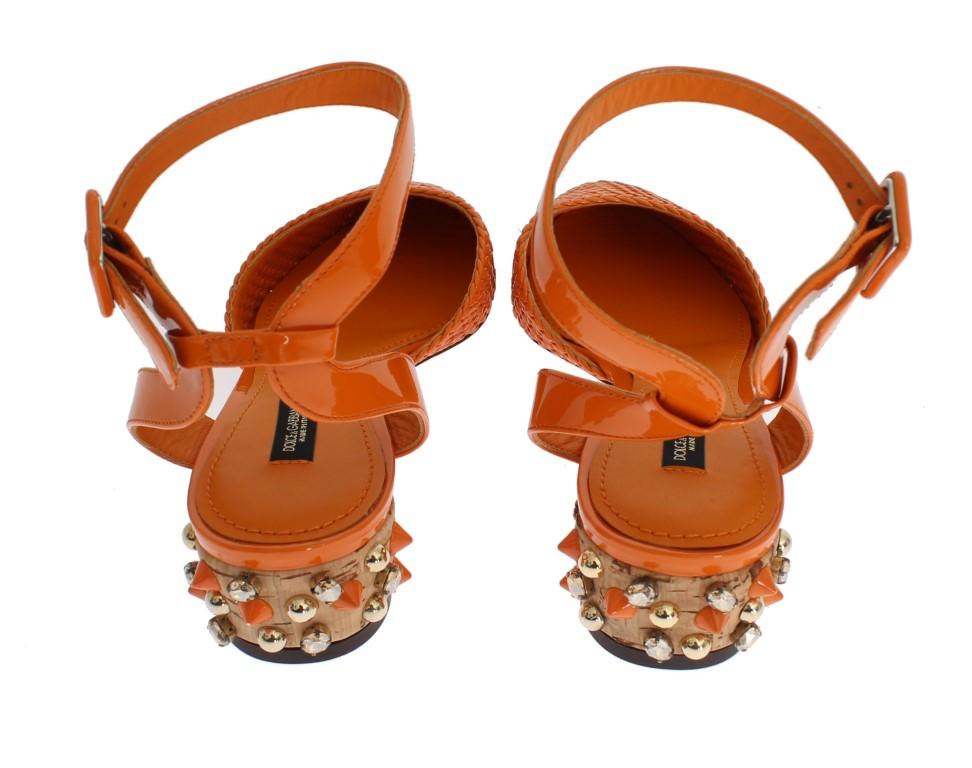 Orange Leather Crystal Block Heel Shoes
