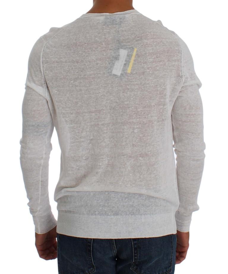 White Linen Crewneck Long Sleeve Sweater
