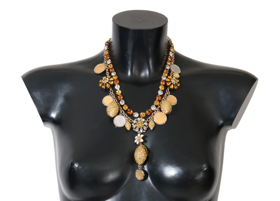 Gold Brass Lemons Floral Crystal Coin Charms Necklace