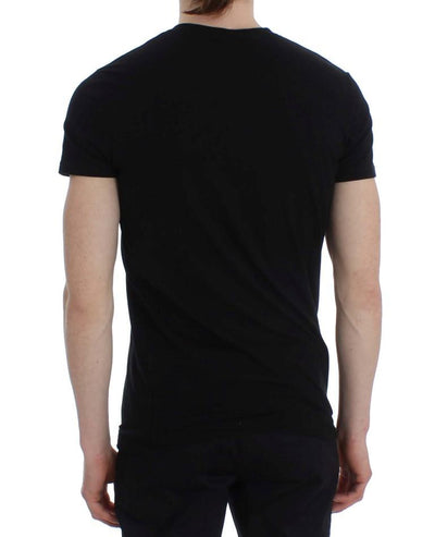 Black Cotton Stretch V-neck Beachwear T-shirt