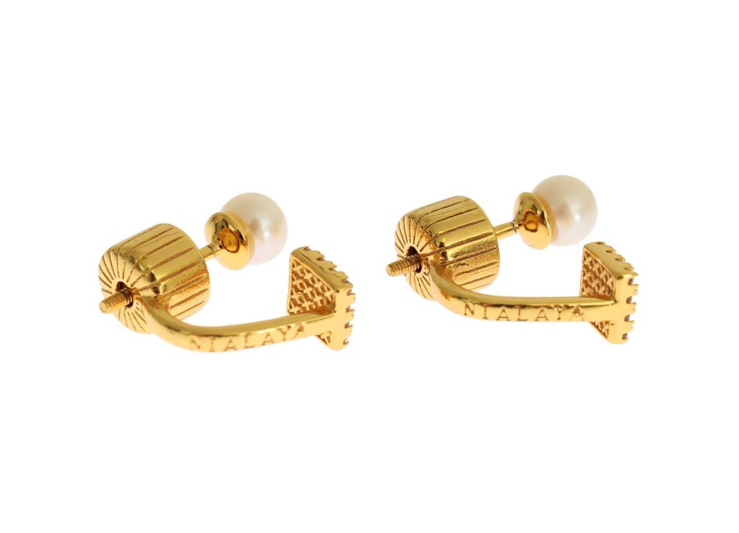 Pearl Screw Back CZ Gold 925 Silver Earrings