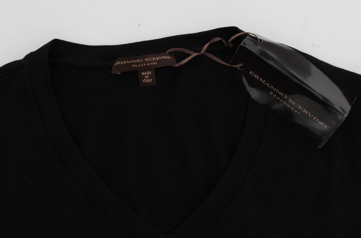 Black Cotton Stretch V-neck Beachwear T-shirt