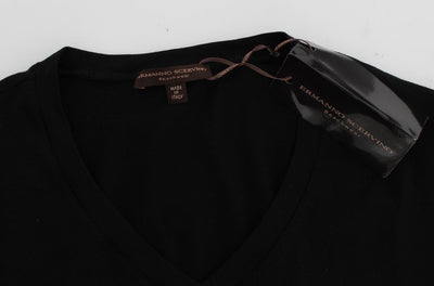 Black Cotton Stretch V-neck Beachwear T-shirt