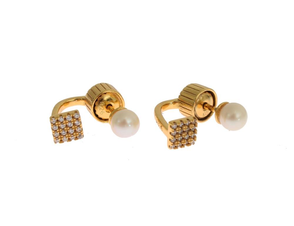 Pearl Screw Back CZ Gold 925 Silver Earrings