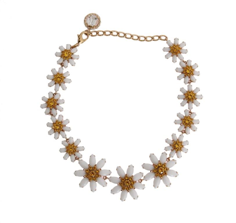 Gold Brass Sunflower Floral Crystal Necklace