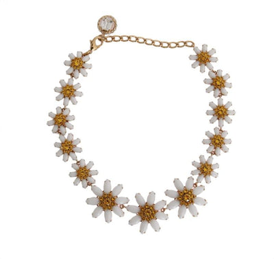 Gold Brass Sunflower Floral Crystal Necklace