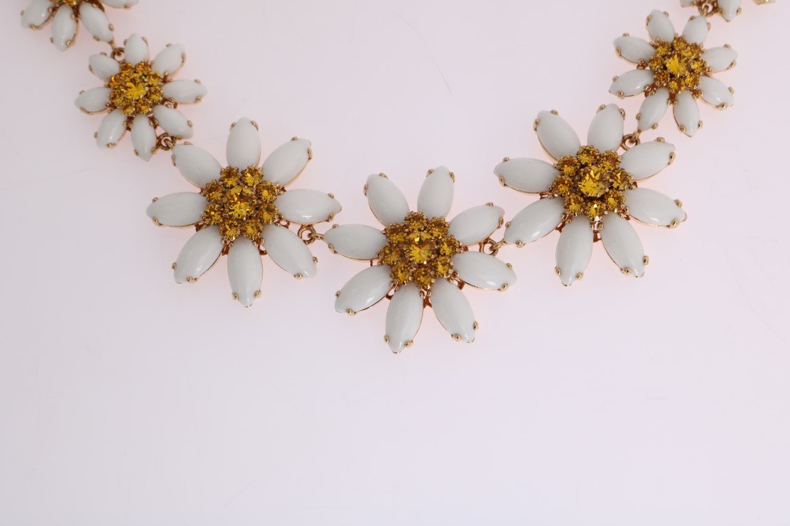 Gold Brass Sunflower Floral Crystal Necklace