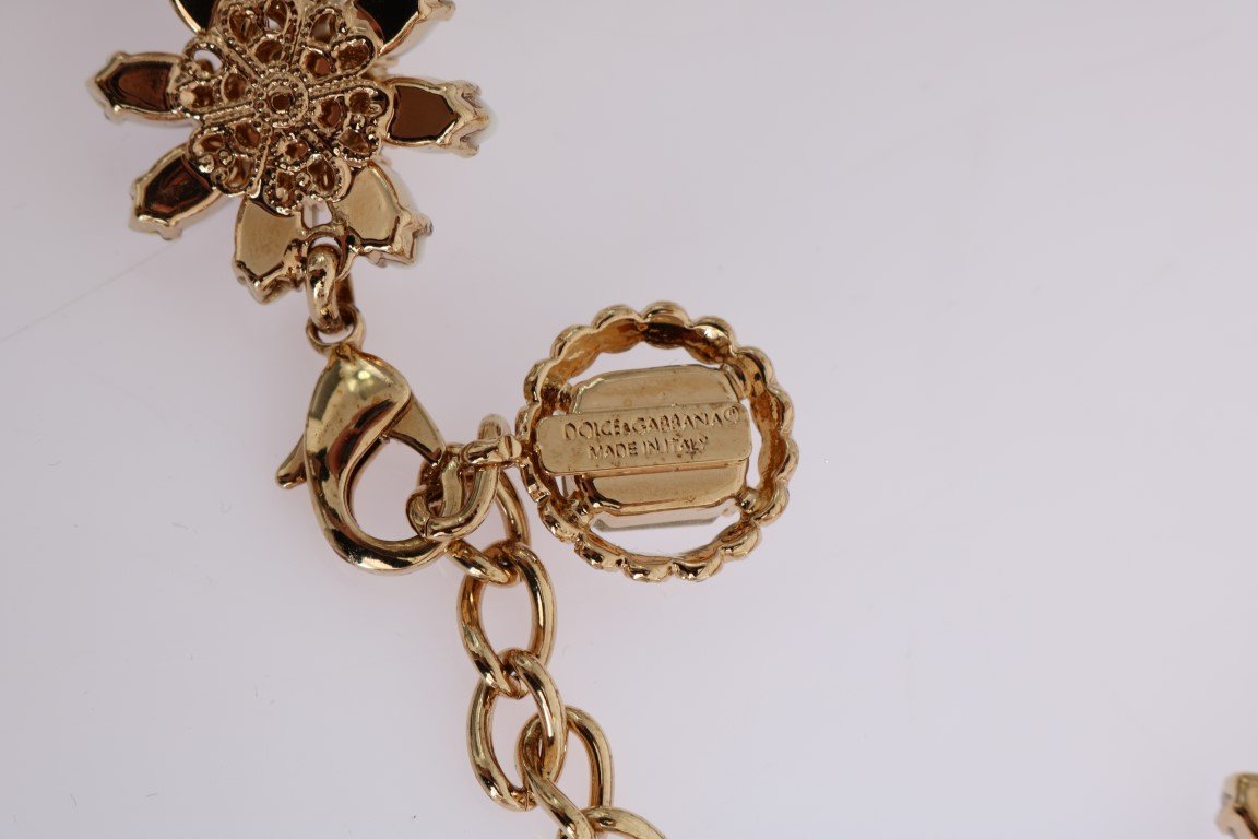 Gold Brass Sunflower Floral Crystal Necklace