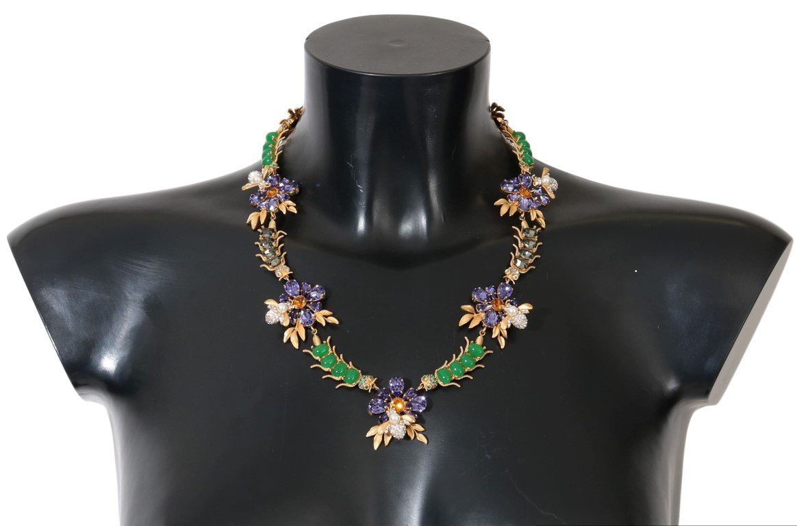 Gold Brass Crystal Floral Insect Fly Necklace
