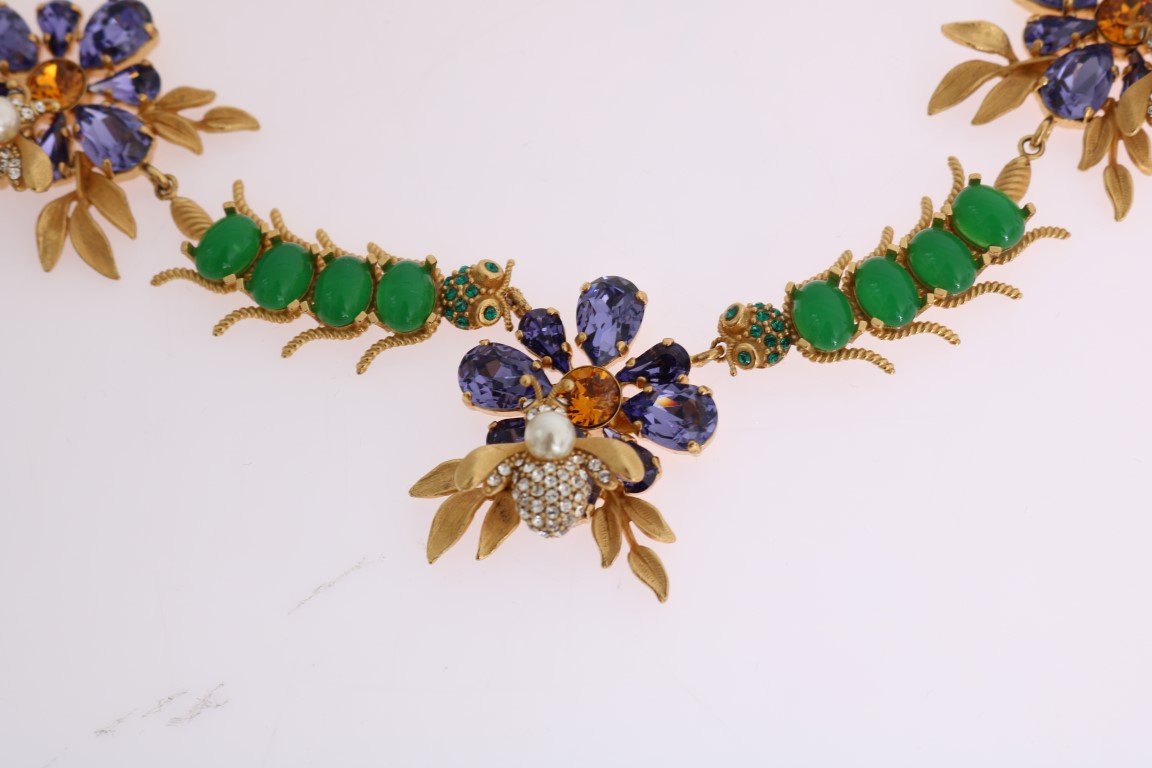 Gold Brass Crystal Floral Insect Fly Necklace