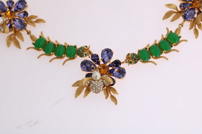 Gold Brass Crystal Floral Insect Fly Necklace