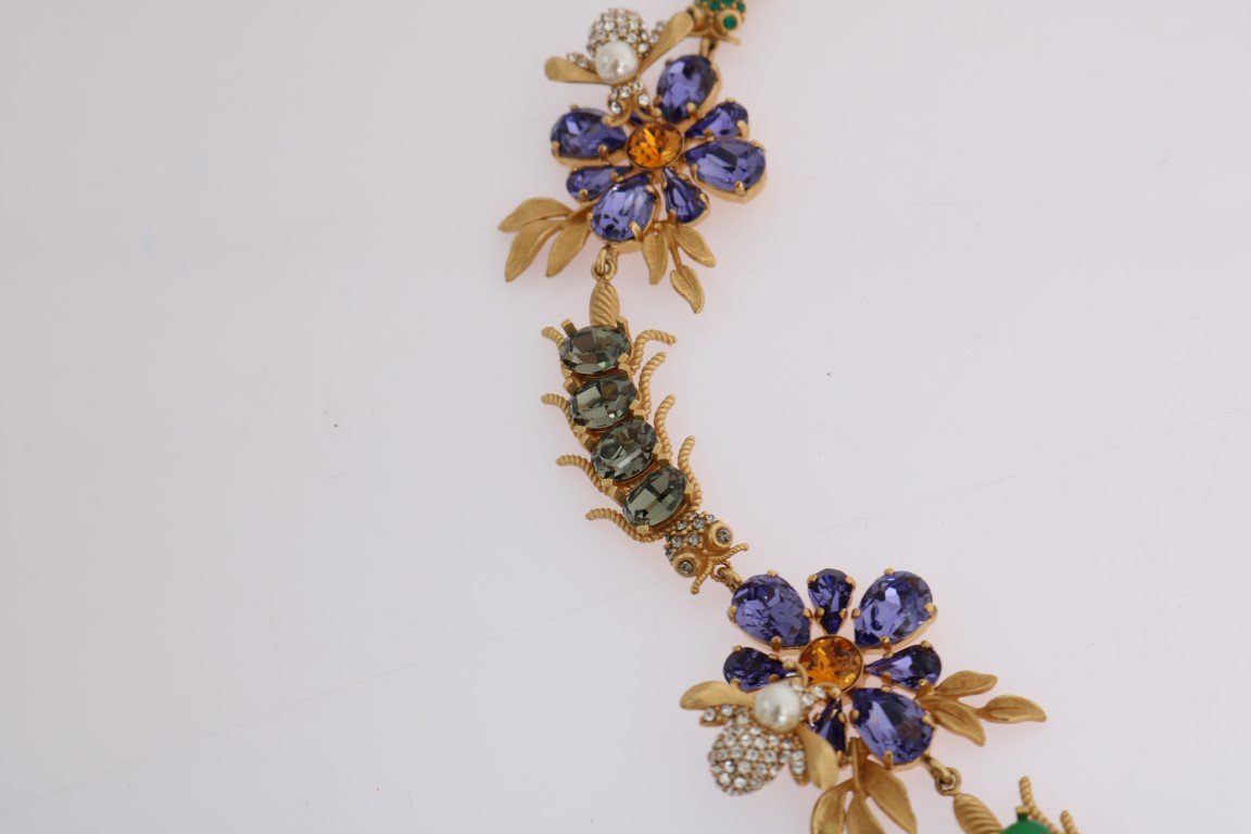 Gold Brass Crystal Floral Insect Fly Necklace