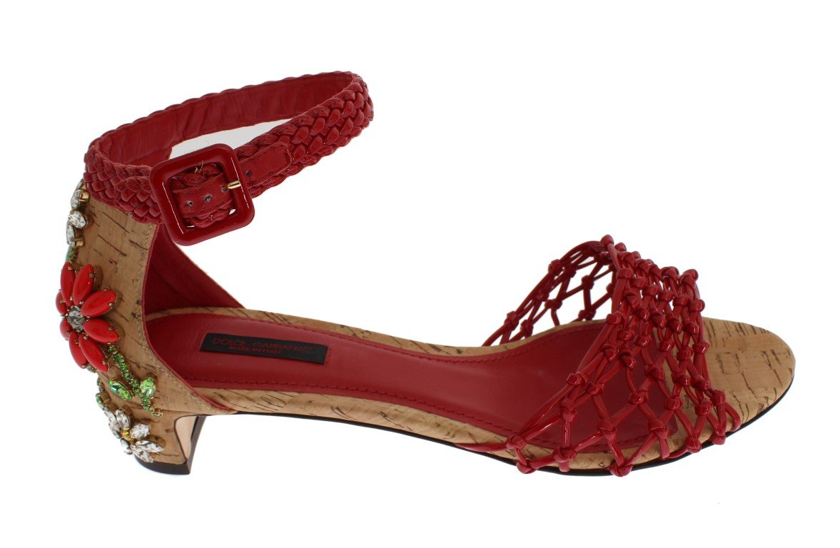 Red Leather Crystal Ankle Strap Shoes