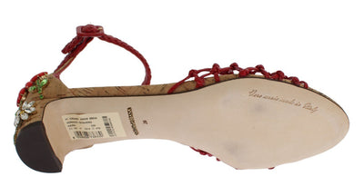 Red Leather Crystal Ankle Strap Shoes