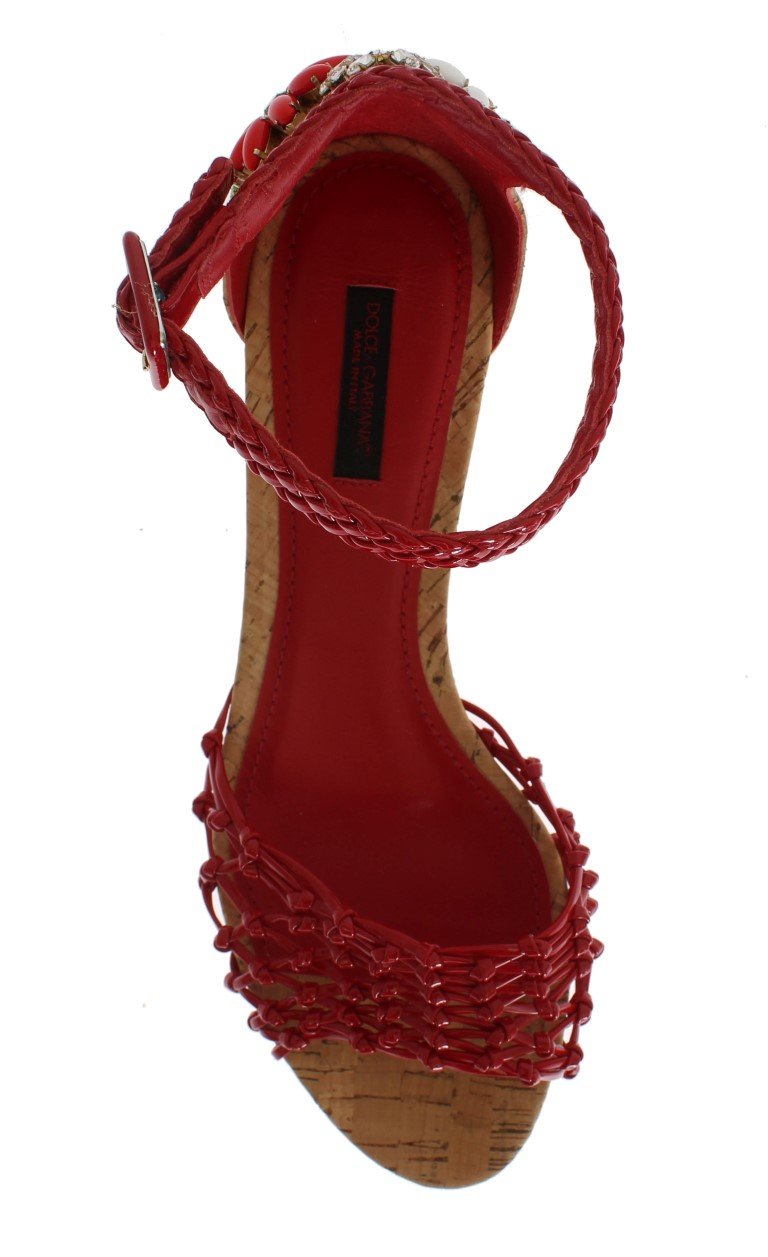 Red Leather Crystal Ankle Strap Shoes