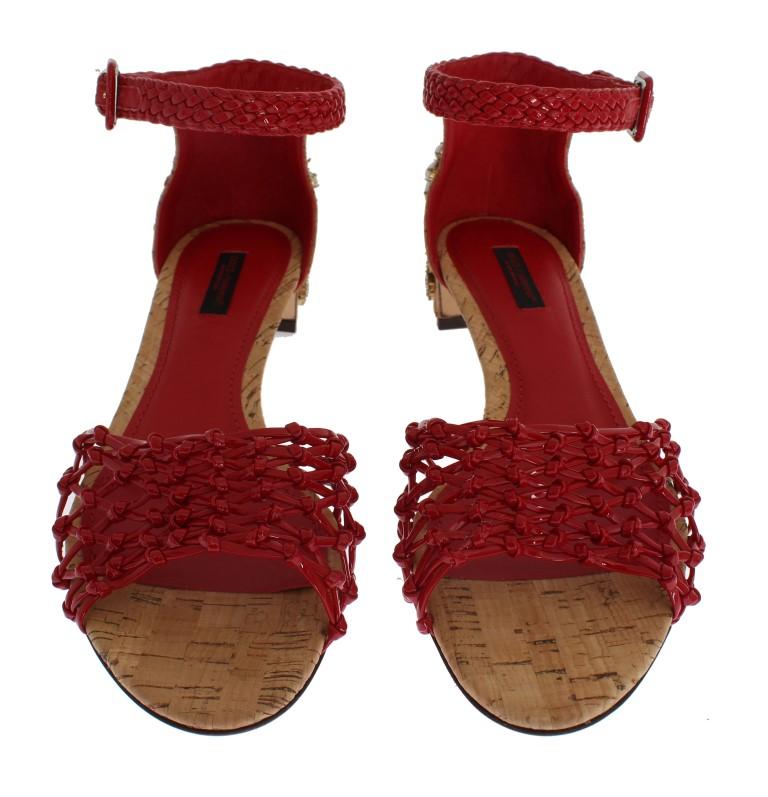 Red Leather Crystal Ankle Strap Shoes